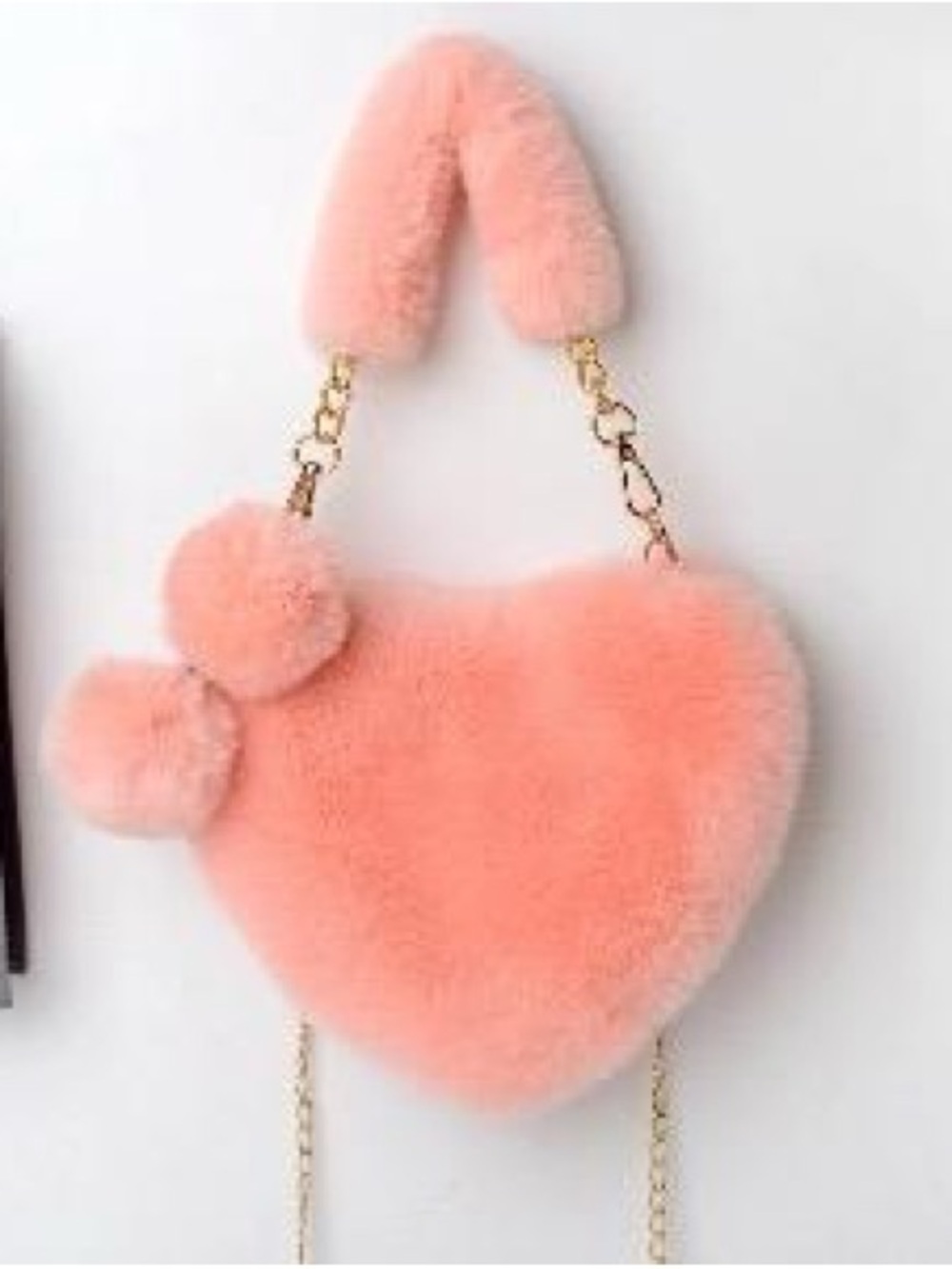 Plush Heart Mini Bag in Coral/Korean Pink with Pom Pom Accents